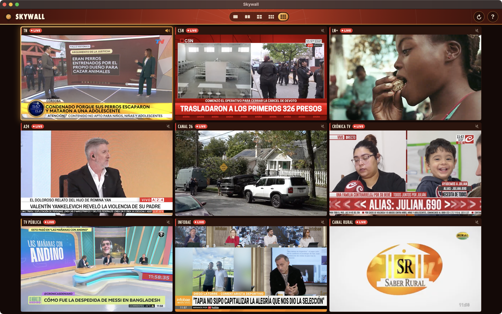Skywall on a Mac showing a wall of live channels